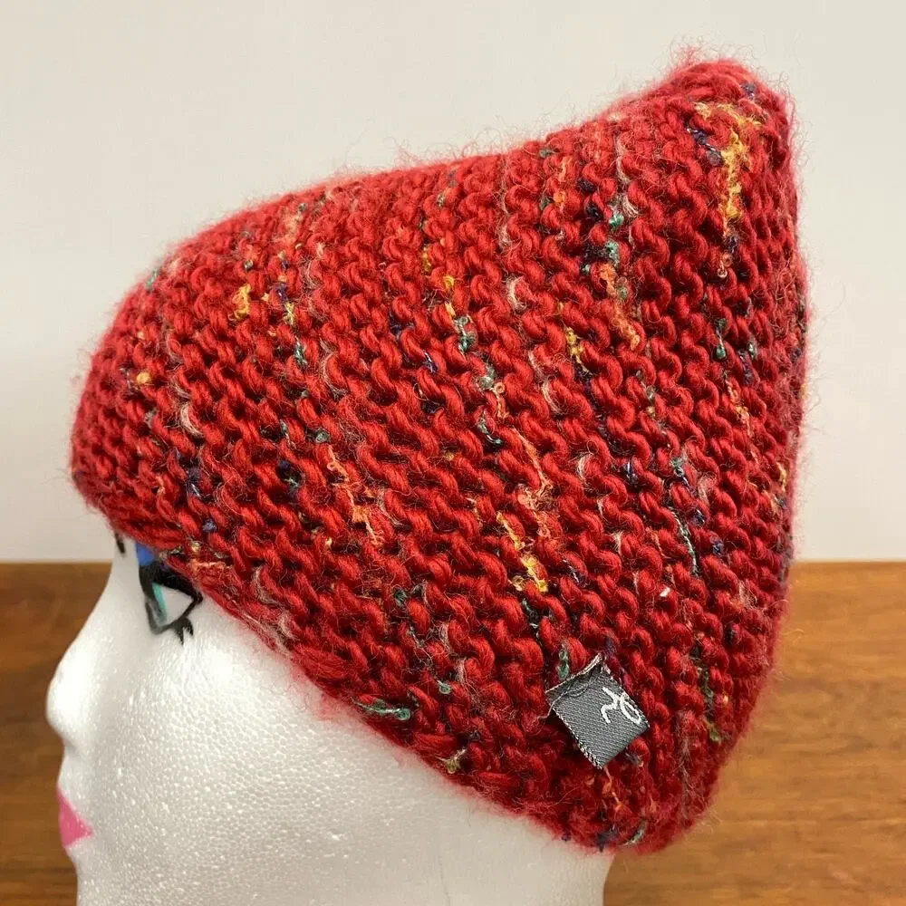 Wool Blend Women’s Red Chunky Knit Beanie Stocking Cap Ski Winter Hat Boho Indie